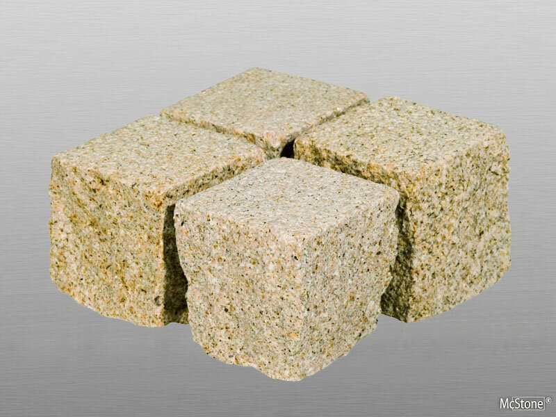 Granit Gelb 082 gestockt 1 Tonne Pflastersteine 5x5x5 cm gelb