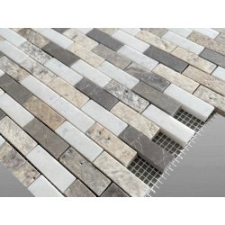 Travertin Kalkstein Mix geb&uuml;rstet Mosaik 4,8x1,5x0,8cm wei&szlig;/grau